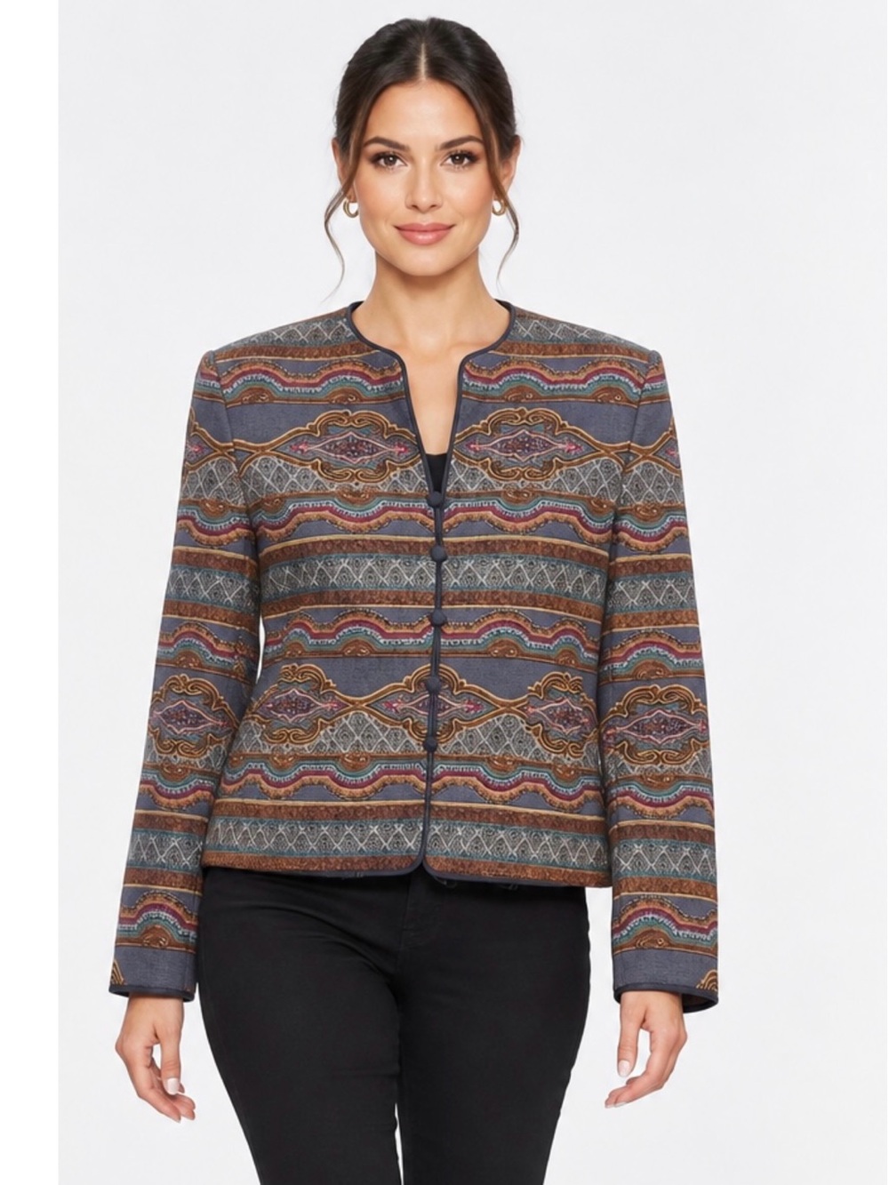 Vintage Adrianna Papell 100% Silk Paisley Patterned Collarless Jacket